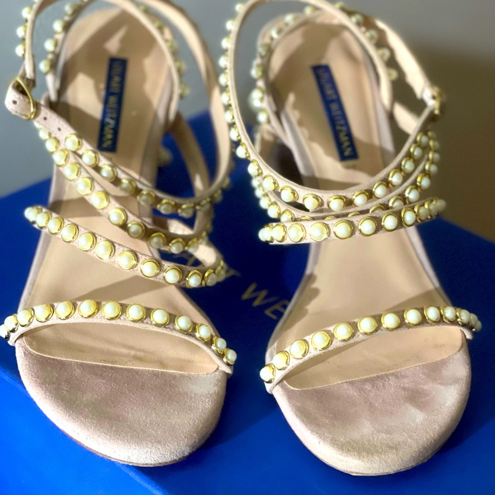 Beige Suede Pearl Stuart Weitzman block heels